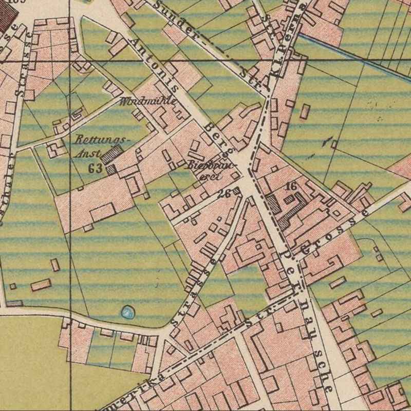 Close-up detail from map of 1880s Tallinn highlighting the Suur-Ameerika tänav, Antonis berg (today Tõnismãgi) and Pärnu maantee crossroads with the 'Bierbrauerei' (brewery) in the middle.