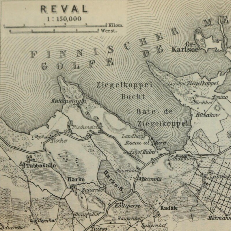 Extract of 1914 Baedeker map of Tallinn, showing the topographical feature of Õismäe as hill, halfway up the western shore of Kopli bay.
